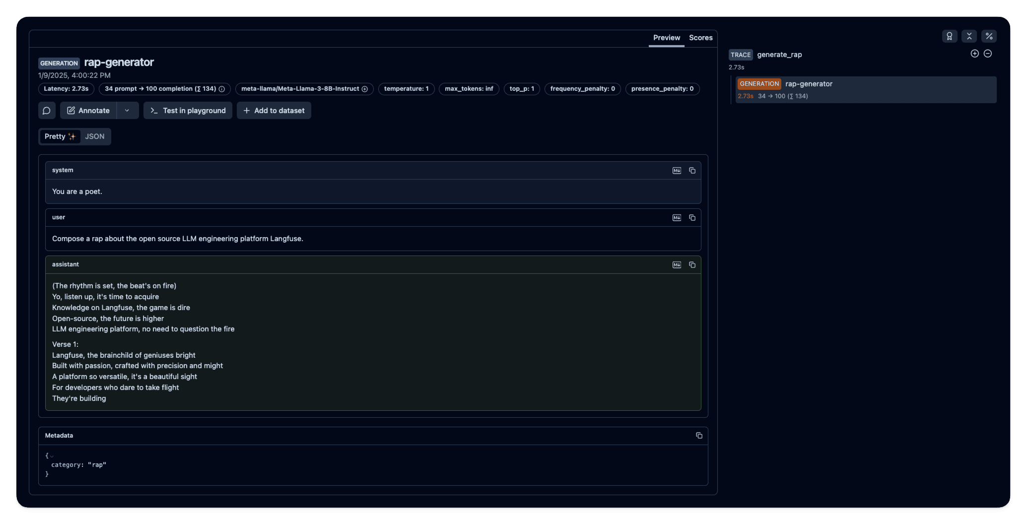 Example trace in Langfuse